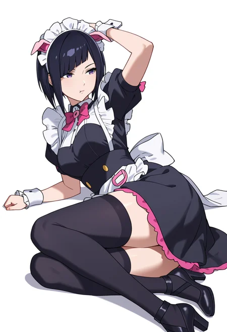 Smooth Quality,masterpiece,very intricate, high quality details, ultra realistic, high detailed skin,detailed enviorement,absurdres,
 <lora:Mannen_Ranko_CNR:0.8> mannen_cnr, 1girl,black hair, short hair, diagonal bangs, purple eyes,pig ears, fake animal ears,maid, maid headdress, maid apron, black dress, puffy short sleeves,black thighhighs, high heels, wrist cuffs,pink bowtie, frills,, simple background, white background, from side,solo,
lying on side, one arm supporting head, relaxed legs, soft smile, casual vibe,  ,, :t,