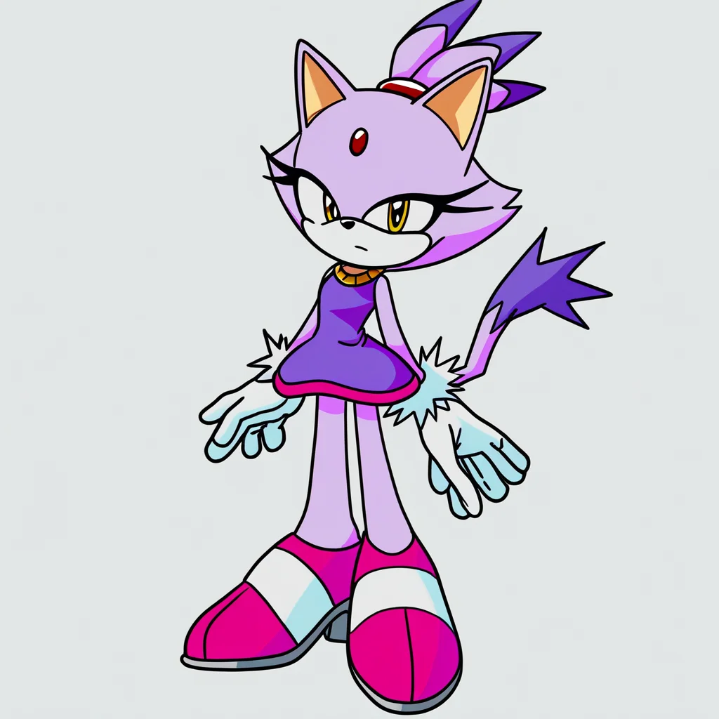 sonic \(series\), gym blaze 2, sleeveless, 1girl, solo, gloves, furry female, animal ears, furry, purple hair, tail, simple background, animal nose, forehead jewel, white gloves, cat ears, yellow eyes, closed mouth, white background, cat girl, full body, standing, cat tail, dress, pink footwear, hair tie, looking at viewer, sleeveless, shoes, flat chest, multicolored hair, topknot, arm up