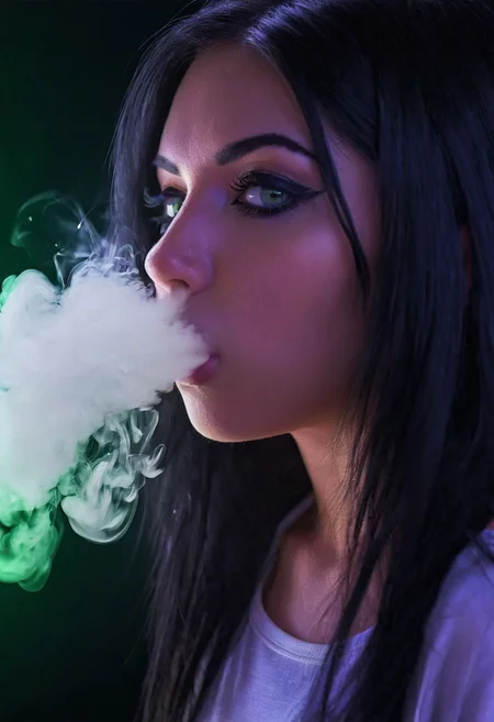 <lora:VapeXL-08:1.0> VapeXL, Girl blowing smoke, Black hair, eyeliner, green eyes, night time, neon lights, rim lighting , photorealistic,