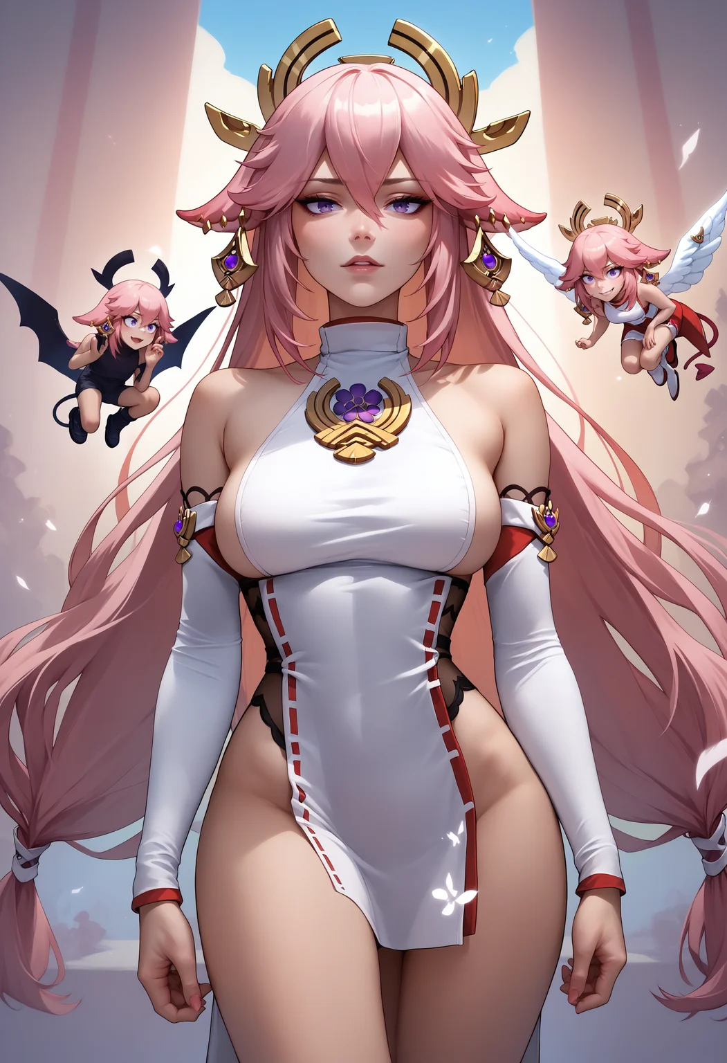 score_9, score_8_up, score_7_up, angel and devil, shoulder demon, shoulder angel, <lora:ShoulderDevil&Angel_pdxl_Incrs_v1:1>, yae miko, multiple persona, mini person, cowboy shot,