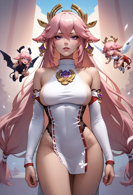 score_9, score_8_up, score_7_up, angel and devil, shoulder demon, shoulder angel, <lora:ShoulderDevil&Angel_pdxl_Incrs_v1:1>, yae miko, multiple persona, mini person, cowboy shot,