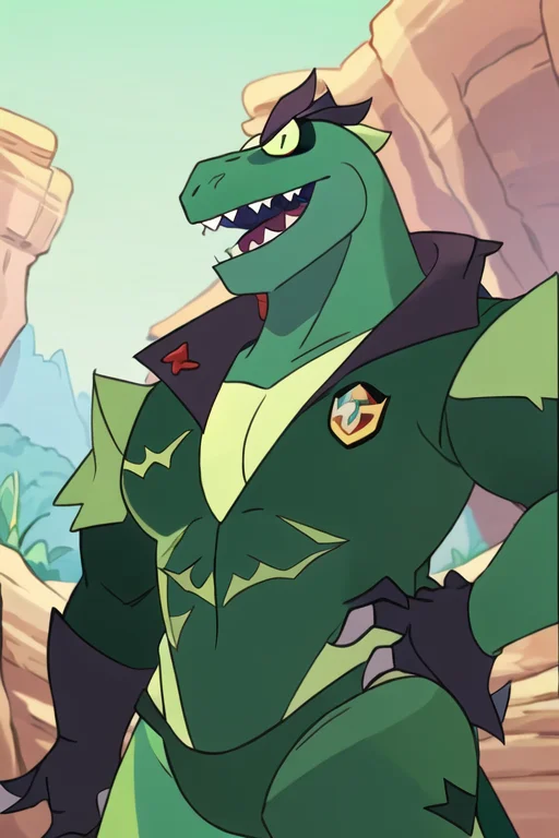 a green dinosaur-like man , scales, with a big smile on his face, red eyes, big teeth, wearing a dark green jacket and white shirt with a badge, standing in a valley