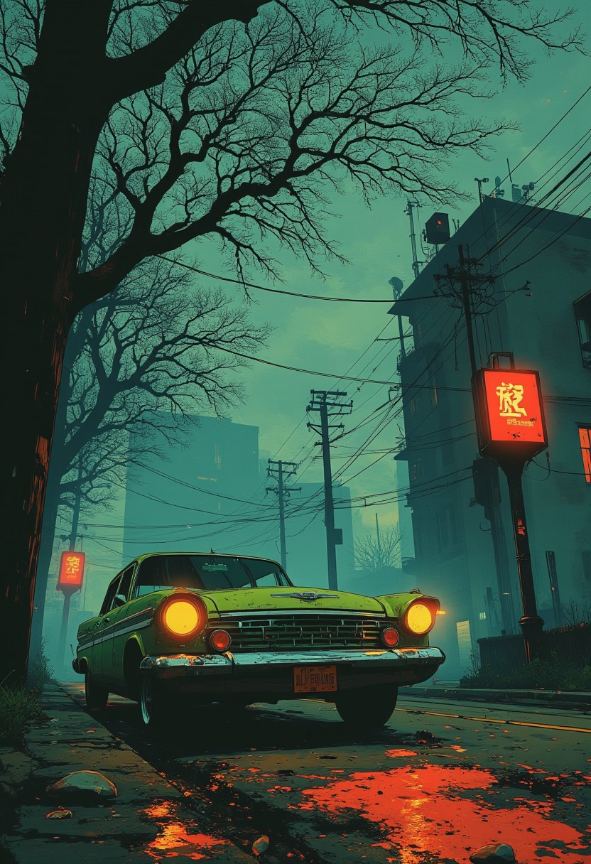 Green retro car parked on the street in the evening. The background is saturated with turquoise haze and fog, which adds gloominess. On the right side of the road there are futuristic lanterns with bright red lights illuminating the sidewalk and road. The branches of trees without leaves bend slightly over the road, adding to the gloomy autumn atmosphere and mystery
