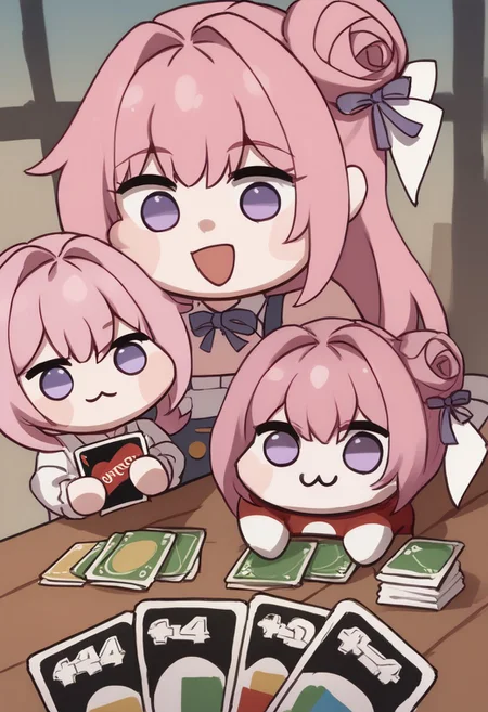 zPDXL2, score_9_up, score_8_up, score_7_up, (Anime_source), high detail face, best quality, absurd res, multiple girls, smile, doros, creatures, :3, open mouth, chibi, size differences, pink hair, purple eyes, hair bun, hair bow, no humans, white skin, solid circle eyes, no pupils, four legs BREAK
holding card, pov, playing card, table BREAK
3girls looking at card