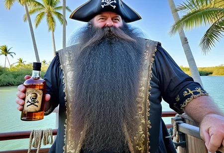powerbeard, pirate captain, 17th century, long black wig, tall, burly, galleon, standing on main deck, skull and crossbones flag, jolly roger, rigging, rope coil, half full antique rum bottles, tropical inlet, aqua water, sun reflections on water, late aeternoon, palm trees, detailed background, shadows<lora:Power_Beards:1>