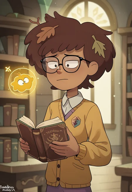 score_9, score_8, score_7, score_6,
triplevexx, solo, anneboonchuy, brown hair, dark-skinned female, leaf hair ornament, short hair
Character Description: A young woman with glasses and a curious expression, surrounded by books.
Outfit: A vintage dress with lace details and a cardigan, carrying a stack of ancient tomes.
Action: She is reading an open book, with glowing symbols floating around her.
Background: A grand library filled with towering shelves and magical artifacts.
Composition Details: Soft, warm lighting creates an inviting atmosphere, with a medium shot to capture her expression and the floating symbols.