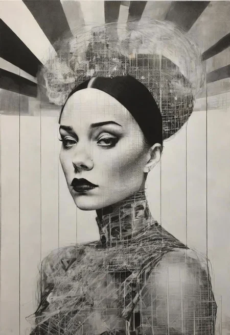 rough crosshatch drawing pop surrealism pop art Lunatic_Portrait of a girl in latex, slick back, low bun, black makeup, tj