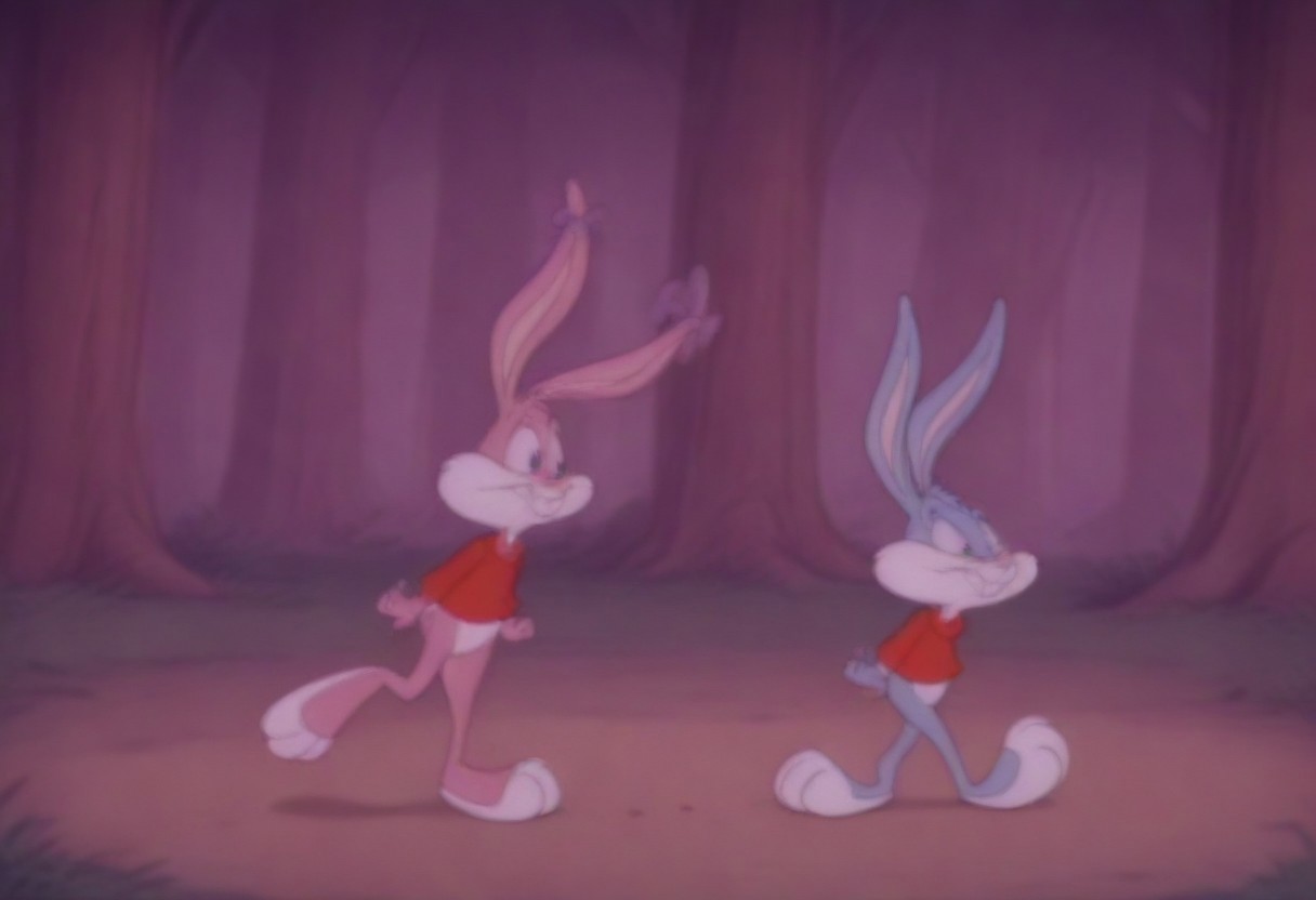 masterpiece, best quality, break, (rabbit boy, buster_b, furry), break, (rabbit girl, babs_b, bow, furry), walking, forest, blush, looking at another <lora:Buster and Babs Bunny (Tiny toon Adventures):0.85>,