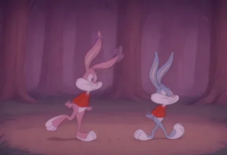 masterpiece, best quality, break, (rabbit boy, buster_b, furry), break, (rabbit girl, babs_b, bow, furry), walking, forest, blush, looking at another <lora:Buster and Babs Bunny (Tiny toon Adventures):0.85>,