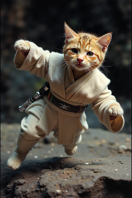 A hyper-realistic portrait, photorealistic photo close-up image of cat in jedioutfit is jumping over a rock (photography, high-resolution, dynamic, energetic,hyper-realistic, dramatic lighting, shallow depth of field.)<lora:aidmaMJ6.1-FLUX-V0.1:0.6><lora:Movie_Portrait><lora:Flux DetailerV2><lora:JEDIOTFIT_FLUX>
