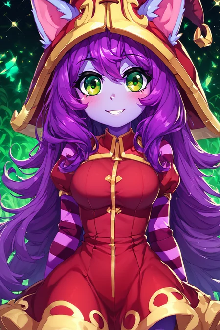 score_9, score_8_up, score_8, (big breasts), (curvy), cute, eyelashes, BREAK, , <lora:LuluLeagueoflegendsPDXL:0.8>, zzLulu, long hair, bangs, animal ears, green eyes, purple hair, colored skin, purple skin, long sleeves, hat, dress, red dress, red headwear, ears through headwear, striped sleeves, yordle,, BREAK, (warm colors), smile, looking at viewer, cowboy shot, embedding:zPDXL, Expressiveh, <lora:PrismaIllya_PDXL_v3:1.0>, <lora:SDXLFaeTastic2400:0.5>, <lora:Expressive_H-000001:0.4>,