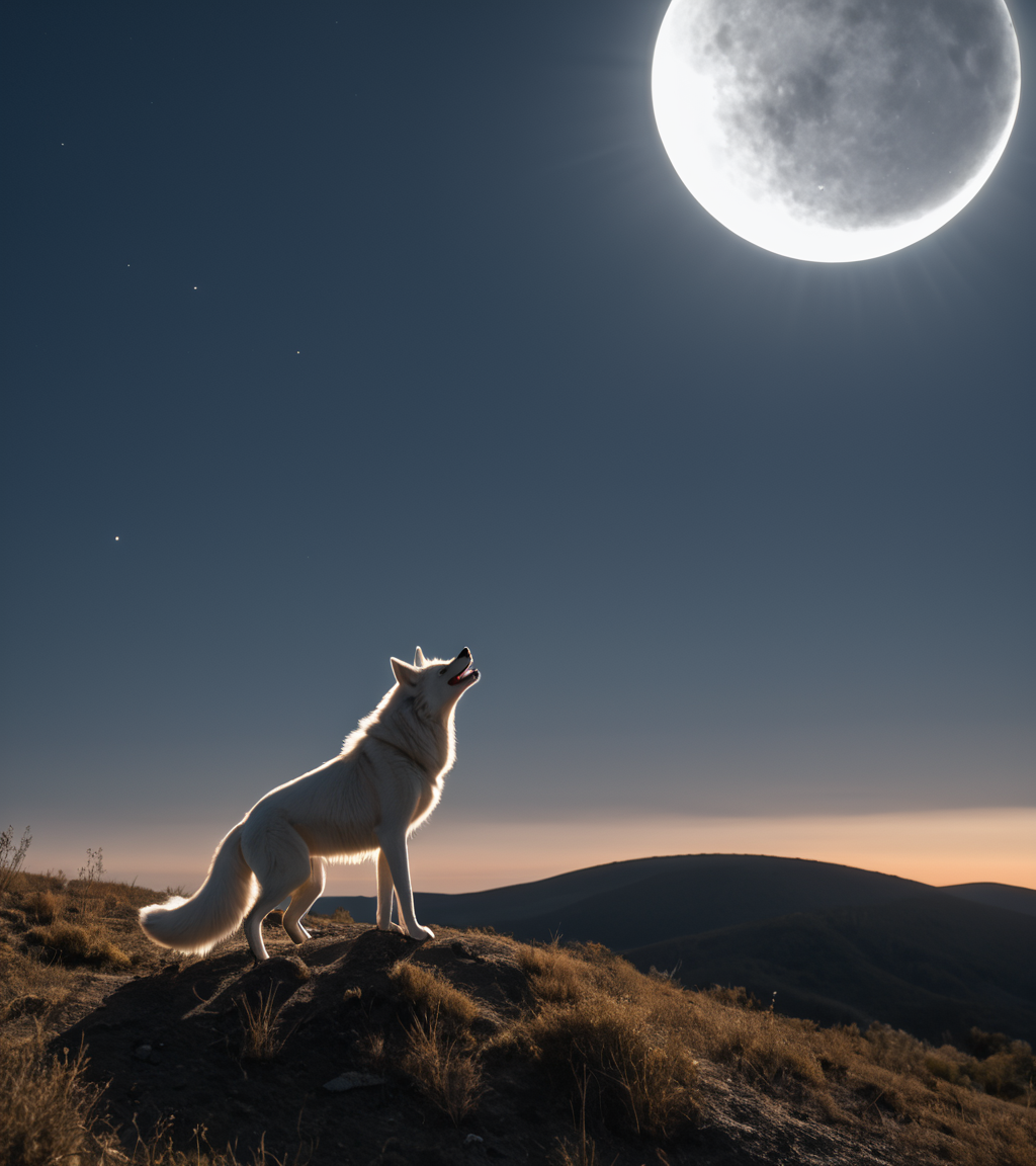 <lora:3cl1p53_02PN-000010:0.8>,(3cl1p53 style),a photograph of (3cl1p53 eclipse:1.2) (rising high in the sky above),with a (white wolf howling at the 3cl1p53 moon:1.4),standing on a hill,surrounded by bright solar corona,