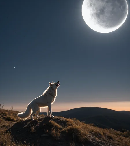 <lora:3cl1p53_02PN-000010:0.8>,(3cl1p53 style),a photograph of (3cl1p53 eclipse:1.2) (rising high in the sky above),with a (white wolf howling at the 3cl1p53 moon:1.4),standing on a hill,surrounded by bright solar corona,