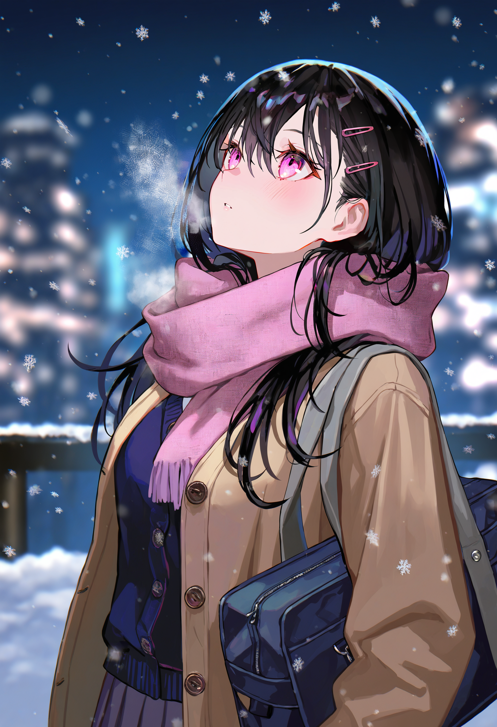 artist:[tokkyu|yoneyama mai|fuzichoco|diyokama|lack|lam \(ramdayo\)]
1girl, black hair, solo, snowing, snowflakes, long hair, hairclip, looking up, long sleeves, night, parted lips, purple scarf, open clothes, outdoors, skirt, blush, upper body, shoulder bag, cardigan, pink eyes, blurry, sweater, hair between eyes, winter, breath, pink scarf, shirt, 
masterpiece, best quality, very awa, absurdres 
<lora:noobai_vpred_1_masterpieces_v1:1>