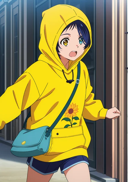 detailed background, official style,anime coloring, (anime screencap) masterpiece, detailed face,1girl <lora:Ai_Ohto:0.8>Ai, solo, hood, shorts, hood up, bag, open mouth, heterochromia, yellow eyes, outdoors, hoodie, yellow hoodie, long sleeves, blue eyes, blue hair, drawstring, shoulder bag, short hair, blue shorts