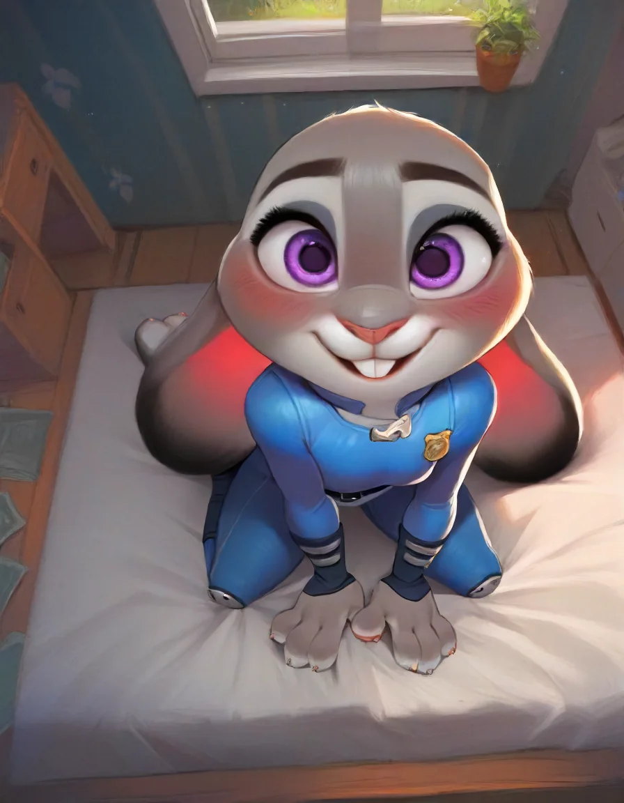 milesdf, score_9, score_9_up, score_8_up, score_7_up, score_6_up, score_5_up, source furry, anthro, Long exposure photo of Hyperrealistic art anthro, judy hopps, detailed two tone grey fur body with white chest, grey lagomorph feminine beautiful face, fully in view, kneeling, solo, fully clothed, nsfw, buckteeth, smiling, blushing, birds eye view shot, indoors in bedroom with romantic lighting, animal feet with pawpads,
<lora:MilesDF-v2:.7>