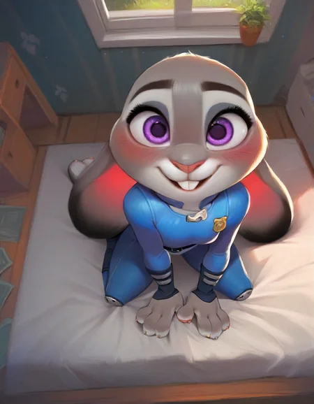 milesdf, score_9, score_9_up, score_8_up, score_7_up, score_6_up, score_5_up, source furry, anthro, Long exposure photo of Hyperrealistic art anthro, judy hopps, detailed two tone grey fur body with white chest, grey lagomorph feminine beautiful face, fully in view, kneeling, solo, fully clothed, nsfw, buckteeth, smiling, blushing, birds eye view shot, indoors in bedroom with romantic lighting, animal feet with pawpads, 
 <lora:MilesDF-v2:.7>