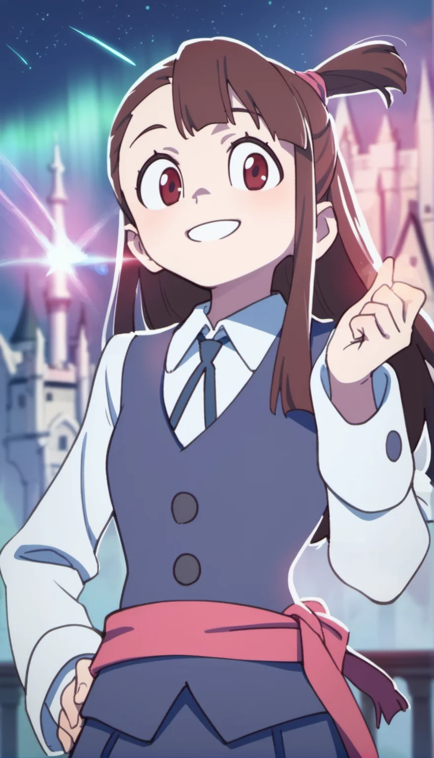score_9,score_8_up,score_7_up,
<lora:AtsukoKagari:0.9>,akkokagari,
1girl,solo,brown hair,long hair,bangs,short ponytail,pink hair tie,red eyes,looking at viewer,smile,
white long sleeve shirt,white collar,bowtie,dark blue vest,pink waist ribbon,dark blue short skirt,portrait,
blurry background,outdoors,night,starry background,shooting star,starry night,bloom,light particles,lens flare,cloud,lens flare abuse,cityscape,aurora,meteor shower,magic academy,castle,