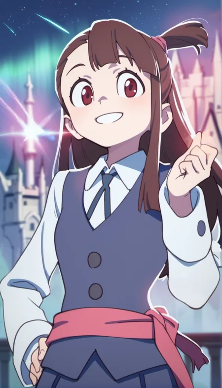 score_9,score_8_up,score_7_up,
<lora:AtsukoKagari:0.9>,akkokagari,
1girl,solo,brown hair,long hair,bangs,short ponytail,pink hair tie,red eyes,looking at viewer,smile,
white long sleeve shirt,white collar,bowtie,dark blue vest,pink waist ribbon,dark blue short skirt,portrait,
blurry background,outdoors,night,starry background,shooting star,starry night,bloom,light particles,lens flare,cloud,lens flare abuse,cityscape,aurora,meteor shower,magic academy,castle,