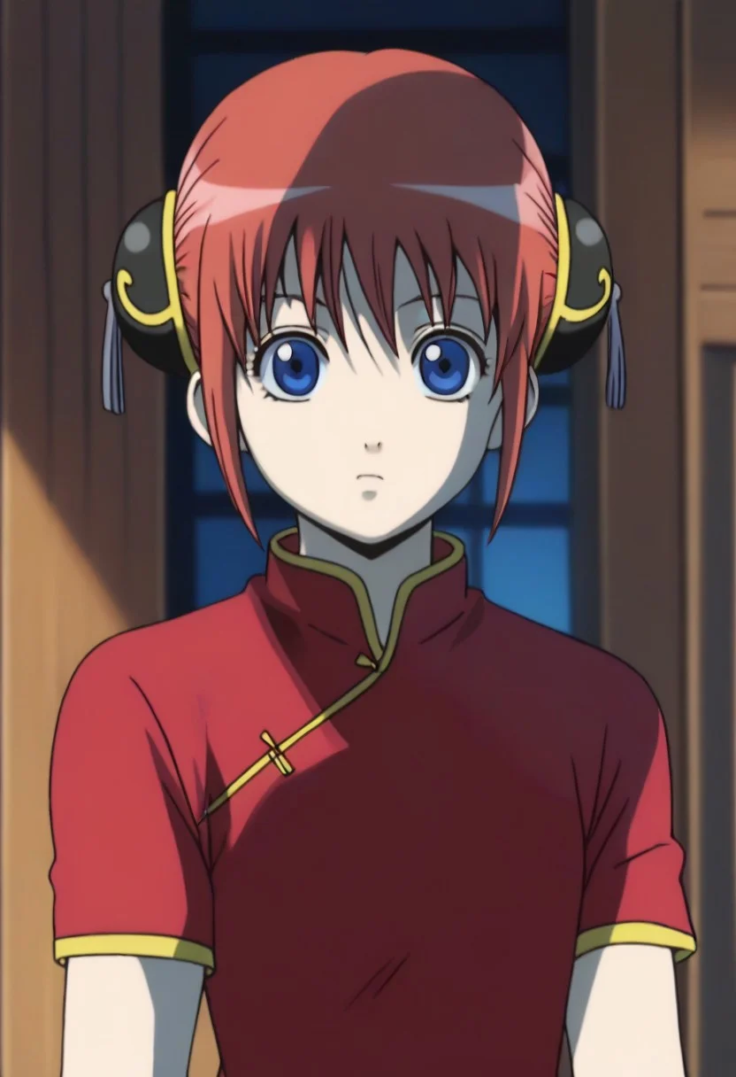 <lora:Kagura:0.8>blue eyes, red hair, Kagura red cheongsam with yellow piping outfit, Chinese clothes, double bun, bun cover, China dress,