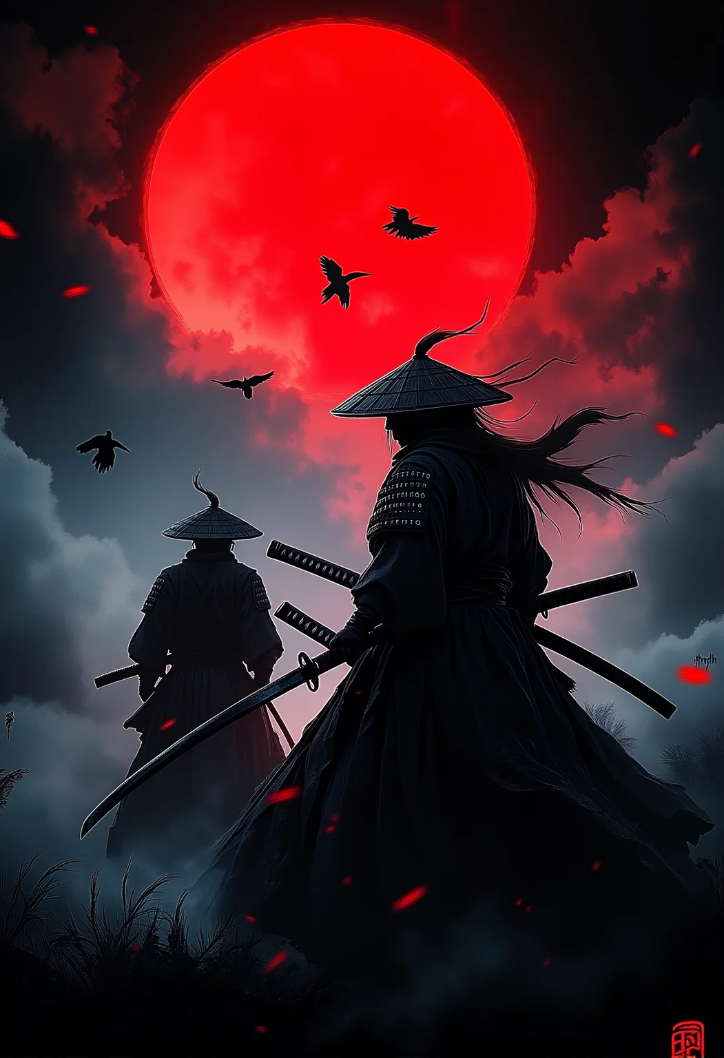 . A medium shot of a male Samurai engaged in a duel under a blood-red moon wearing a weathered black cloak with a katana drawn, with a sky filled with crows in the background. The atmosphere is mysterious and cinematic, with wisps of smoke and ash blending into the scene., <lora:bv-crimson-ronin-style-v1.safetensors:1.0:1.0>