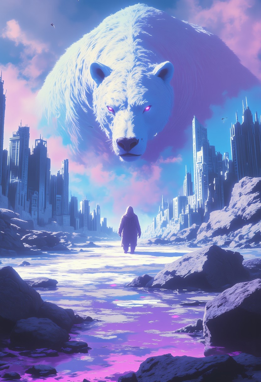 Anime pastel art, vibrant contrast art,score_9, score_8_up, score_7_up, source_anime,
masterpiece, best quality, very aesthetic, absurdres,  art style, pastel art style, Boss arena in middle of destroyed city, broken skyscrapers, rubble, A boss arena, A Polar bear boss standing on a ice shaped platform, looking down,sharp focus, smoke, realistic photo, 4 k resolution, blade runner, detailed game setting, eldenscene, 
Flattering lighting:1.1 Elegant, Intimate, Captivating