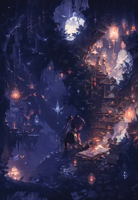 high elf, hermit witch, jill stingray, (twintails:1.2), dark purple hair, red eyes. fantasy sorceress clothes, from side, taking out a book from a bookcase, library, ArsMJStylePony, Pixel Art, 0ddmag1c, oddity, ((clean lines, source: anime, detailed fingers, high quality, best quality, masterpiece, rating: g score: 9, score: 8 up)), in well lit cave, tree roots, small fairy lanterns, witch tools, great lighting, floating shining stars, shining golden particles, perfect hands, great lighting, d4rkv1b3,