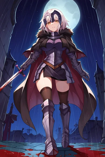score_9, score_8_up, score_7_up, score_6_up,score_5_up,score_4_up, source_anime BREAK 1girl, solo, full body, <lora:Jeanne_Darc_Alter_Sdxl-09:1>, Jeanne_Armored, white hair, short hair, yellow eyes, headpiece, black armor, breastplate, short dress, armored skirt, vambraces, underbust, metal collar, fur-trimmed capelet, cloak, belt, scabbard, thighhighs, armored boots, thighhighs under boots, blood on clothes, large breasts, wide hips, outdoors, battlefield, medieval, night, moon, puddle of blood, puddle, rain, raytracing, weapon, sword, holding sword, walking, from below, arms at sides, unsheathed,