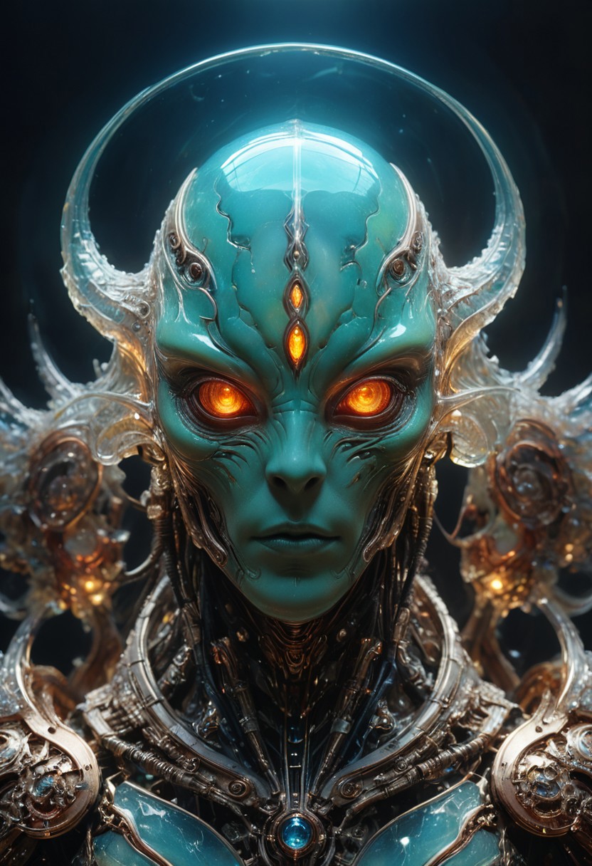 A multicolored translucent artialien, (translucent head:1.6), glowing eyes, neon highlights, strong jawline, intricate textures, 
extremely detailed background, planetary view, 
hyperdetailed realistic illustration, intricately detailed, highest quality, 
BREAK, stylized photo, ultra level of detail and precision in the art, masterpiece, mixed media, intense mood, detailed shading, 
subsurface scattering, light leaks, soft shadows, film grain, Dutch angle, narrow DoF, cinematic composition, mystic haze, dusty atmosphere, very detailed skin, HDR, RAW photograph, eye catchlights, mystic haze, dusty atmosphere, complementary colors