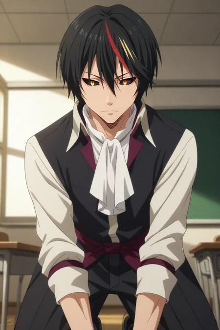 score_9, score_8_up, score_7_up, source_anime, rating_safe, , anime screencap, anime coloring, official style, , depth of field, 1boy, solo, male focus, <lora:diablo_tensura_pony:0.98>, diablo_tensura, black hair, yellow eyes, multicolored hair, streaked hair, red hair, hair between eyes, colored sclera, from below, classroom, midnight, kneeling, expressionless, , <lora:sdxl_lightning_8step_lora:1>
