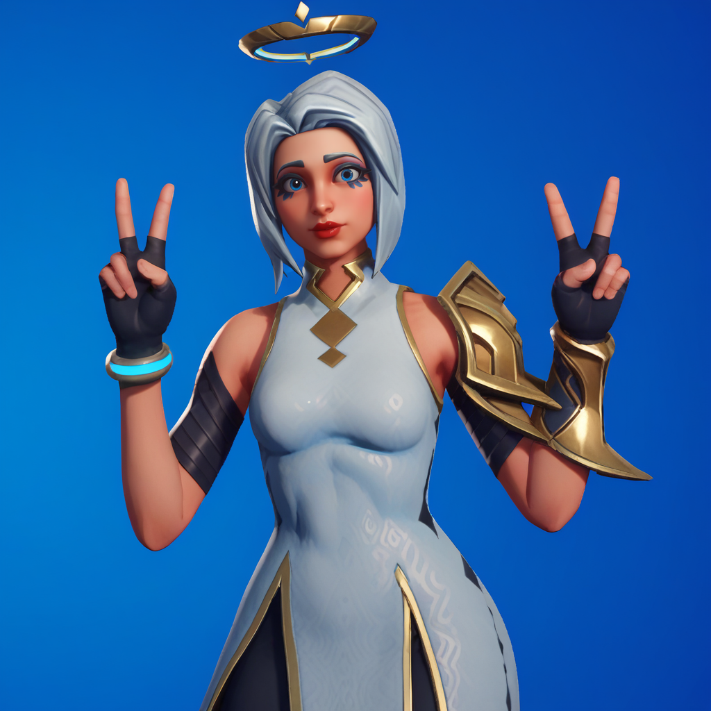 Ugly score_9_up, score_8_up, BREAK, ark, 1girl, solo, white hair, short hair, blue eyes, lipstick, halo, white dress, black leggings, single gauntlet, gloves, cowboy shot, double v, <lora:Ark_Fortnite_PXL_Leaf1-000010:1>, blue background, gradient background,