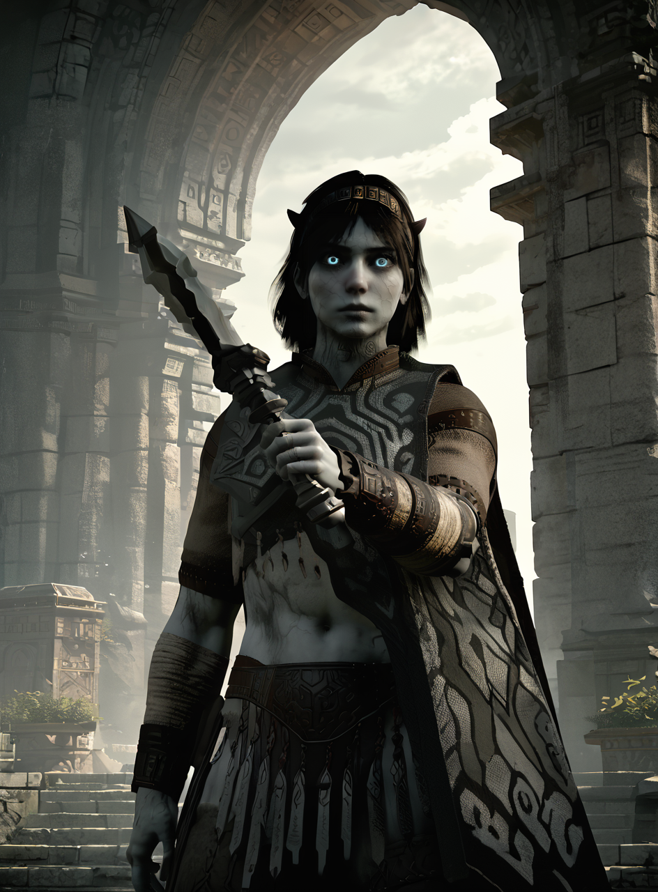 score_9, score_8_up, score_7_up, <lora:wanderpxl:0.8>, lora:wanderpxl, 1boy holding a sword in hand, best quality, masterpiece, curwan, headband, poncho, standing, 1sword, otherworldly, pale skin, veins, glowing eyes, horns,