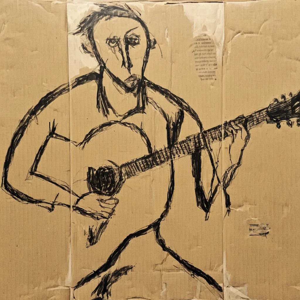 <lora:SDXL_Cardboard_drawings_Sa_May_V4:1> Cardboard drawings a man and guitars