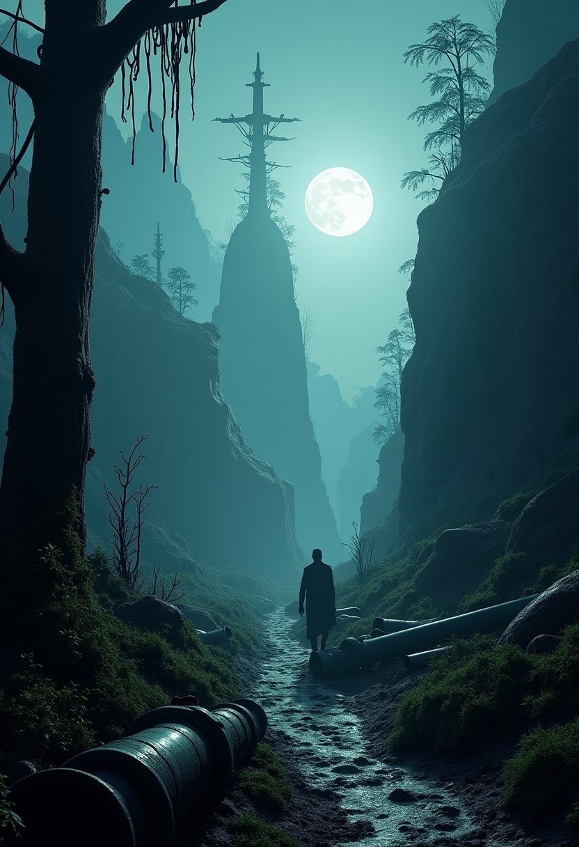 On the alien planet, horror atmosphere, alien planet landscape, scary creatures silhouettes in a darkness, bunch of pipes and vines around, very detailed landscape
