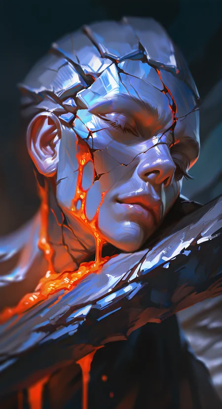 masterpiece, best quality, Good quality, very aesthetic, absurdres, newest, solo, 1boy, closed_eyes, male_focus, blurry, lips, colored_skin, portrait, rock, blue_skin, realistic, grey_skin, crack, cracked_skin, lava <lora:ponyv5_noobE11_1_adamW-000013:0.7> <lora:USNR_STYLE_XL_lokr:1>