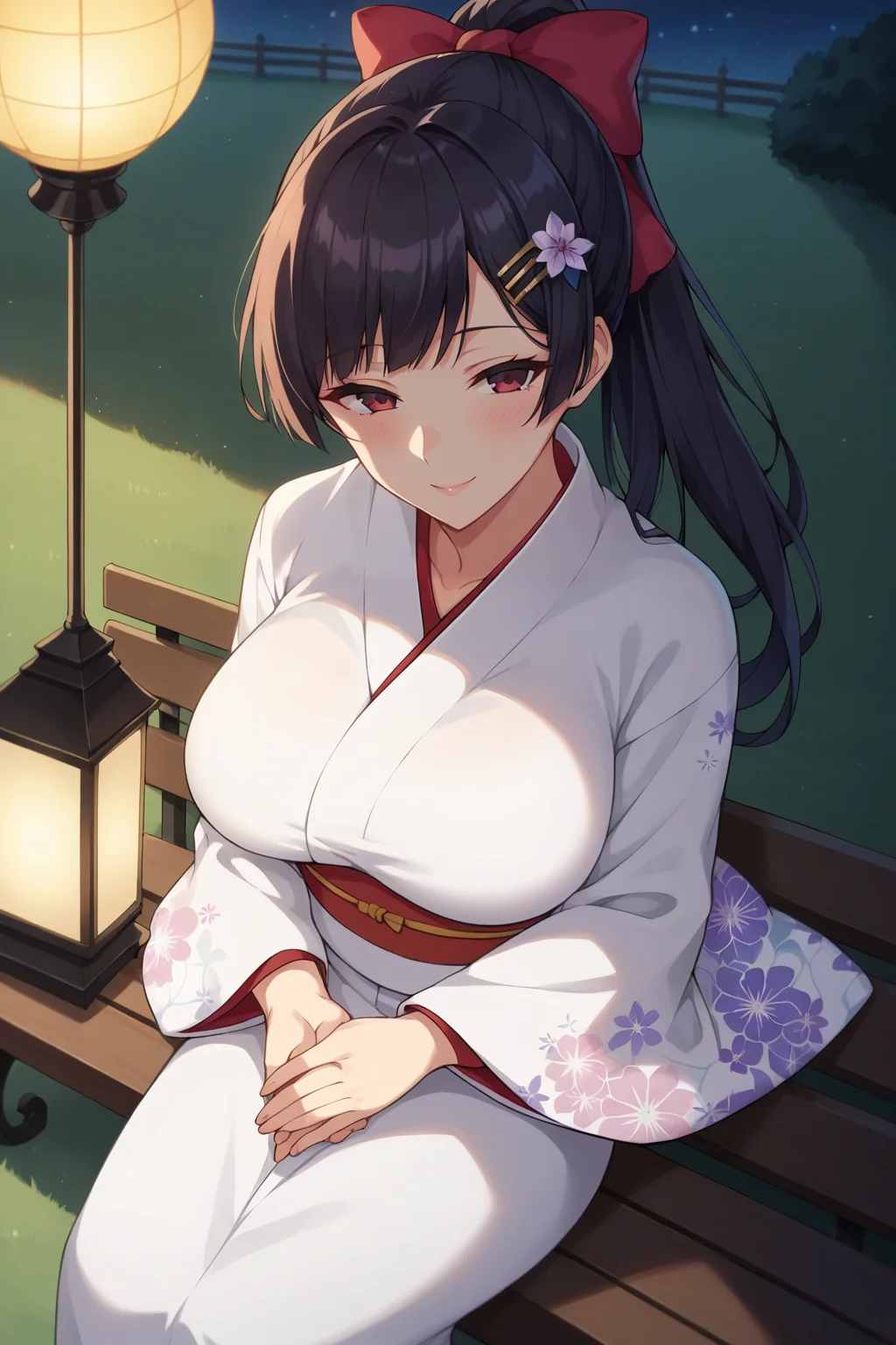 score_9, score_8_up, score_7_up, source_anime, 1girl, prefect lighting, very aesthetic, intricate details, highly detailed background, masterpiece, high quality, prefect hands, best quality, solo,
<lora:Natsuha_Natsu-nee_Shinomiya_Ajisai_no_Chiru_Koro_ni_V1:.85>, dark hair, maroon eyes, bangs, hair pin, long hair, half-closed eyes,
ponytail, hair bow, white kimono, kimono back bow, floral print kimono, long sleeves, wide sleeves,
from above, own hands together, looking at viewer, smile, blush, sitting, sitting on bench,
outside, festival, summer festival, summer, night, lantern, market stall, moonlight,
(Beautiful, large Breasts:1.2), natural breasts,