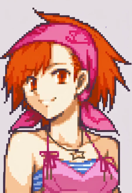 score_9, score_8_up, score_7_up, source_anime, BREAK, solo, 1girl, <lora:zs_FEGBAPortraitsXL:1>, fegbaportraits, portrait, white background, smile, <lora:Yuzu-pdxl_Fp:1>, yuzudesu, orange hair, orange eyes, short hair, bandana, pink camisole, tube top, necklace,