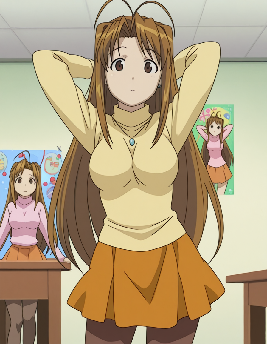 masterpiece, best quality, amazing quality,, <lora:naru-narusegawa-s1-illustriousxl-lora-nochekaiser:1>, naru narusegawa, long hair, brown hair, antenna hair, brown eyes, mature female, breasts, anime screencap, skirt, jewelry, pantyhose, sweater, turtleneck, orange skirt,, clubroom, posters, meeting table, decorations, student council, , hands behind head, looking at viewer, solo,, cowboy shot, solo