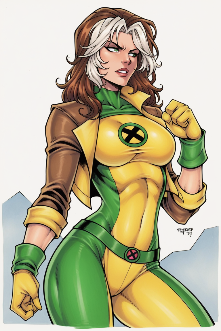 score_9, score_8_up, score_7_up, BREAK, traditional media,  <lora:medsonlima-guy-PONYv1:1>, 1girl, solo, breasts, rogue \(x-men\), bodysuit, jacket,