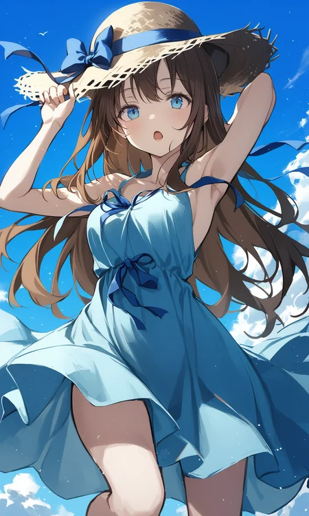 1girl, sensitive, solo, long hair, looking at viewer, open mouth, blue eyes, brown hair, dress, hat, ribbon, sky, sleeveless, armpits, sleeveless dress, blue dress, blue ribbon, straw hat, sundress