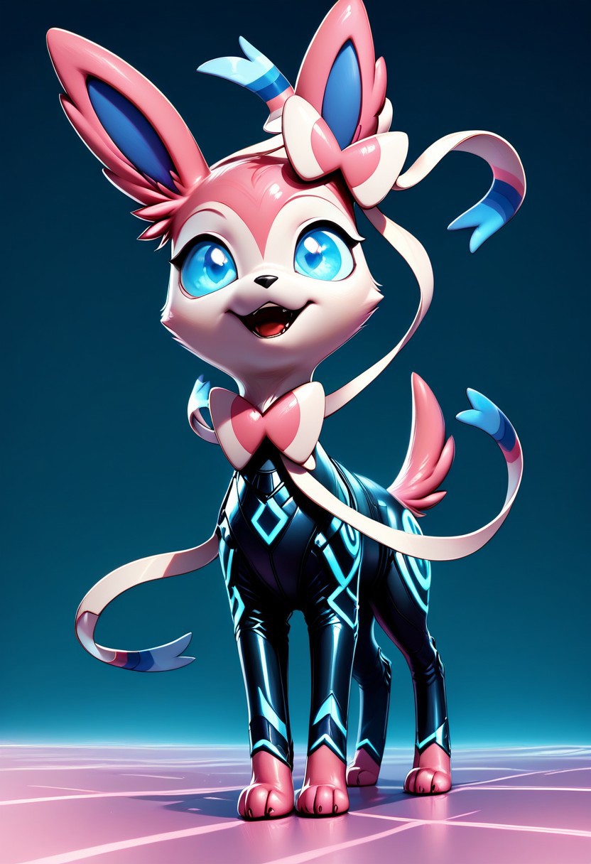 score_9, score_8_up, score_8, 
zzCitronLegacy, looking at viewer,  bodysuit, neon glow, 
city, night, 
Sylveon, solo, looking at viewer, open mouth, blue eyes, simple background, standing, tail, full body,  gradient, gradient background, no humans, animal, blue background, animal focus,
looking at viewer,
OverallDetail
