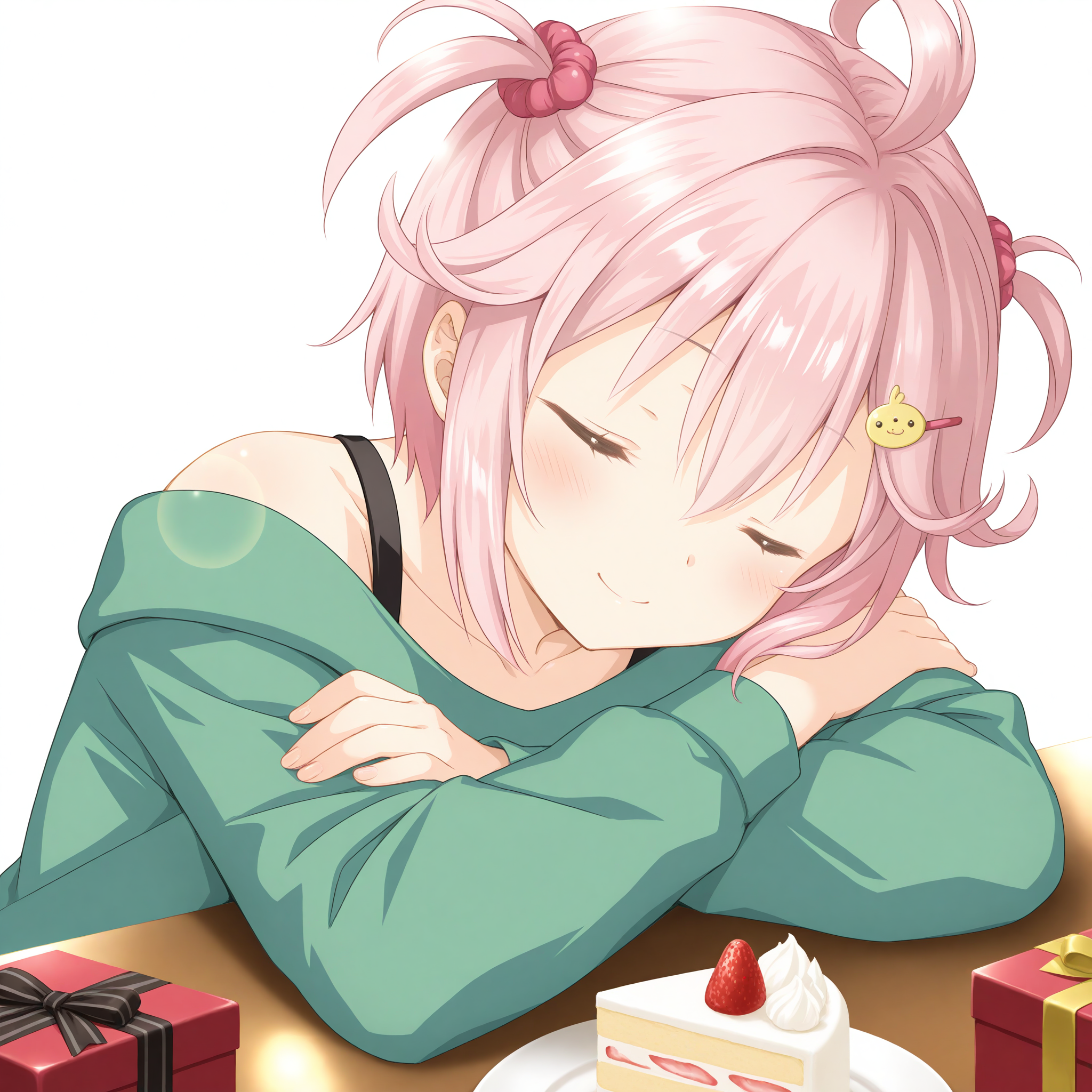 <lora:Andou_Chiwa_1_nai-000049:1>,Andou Chiwa,pink hair,closed mouth,closed eyes,sleeping,smile,
hair ornament,green shirt,green sweater,black straps,long sleeves,collarbone,off shoulder,
BREAK
1girl,solo,simple background,white background,table,head on table,crossed arms,head rest,face_focus,lens_flare,gift box,cake,