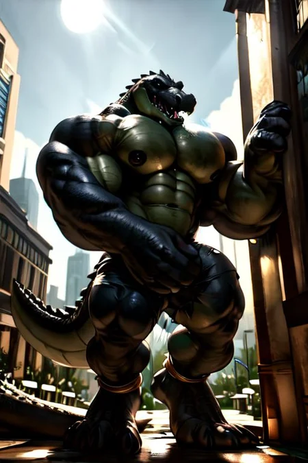 ((full body)), solo, male, saltwater crocodile, crocodilian, crocodylid, muscular male, ((black body, black scales)), black countershading, (countershade torso, countershade legs), digitigrade, detailed eyes, detailed face, (open dress shirt, dress shorts, ankle band), barefoot, (body bursting through skyscraper, building destruction), green liquid dripping from mouth, (torn clothing, ripped clothing), (((tight clothing))), ((hyper muscles, huge muscles, big muscles)), ((macro, gigantic, huge body, giant, massive, looming)), ((outside, skyscrapers around him)), (((growth, growing, motion lines))), detailed background, amazing background, by tankh, by darkgem, ((masterpiece)), 4k, hd, best details, epic, ((best quality)), (ultra detailed), natural light, sharp, amazing details