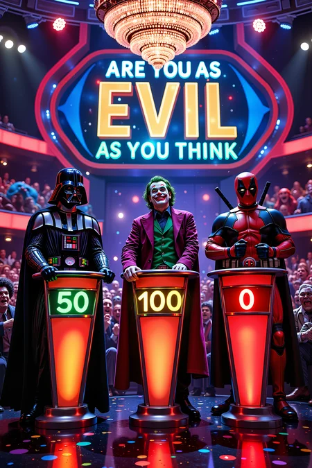 Darth Vader, the Joker, and deadpool stand behind illuminated podiums on a vibrant quiz show set, bathed in dramatic, multicolored stage lights. The Joker leans casually on his podium with a devilish grin, his 50 points displayed prominently in glowing green digits. Deadpool, looks surprisingly composed as his score of 100 points shines in bright gold. Darth Vaderâs score of 0 points glows red, matching the faint light of his lightsaber hilt clipped to his belt. Behind them, the show's name, âARE YOU AS EVIL AS YOU THINK,â is emblazoned in bold, electrified letters on a massive screen. The audience in the background is a chaotic mix of ghouls, aliens, and villains, all roaring with laughter or applause. The stage floor is reflective, amplifying the glow of the podium lights and the sparkle of the showâs vibrant set design. Suspended from the ceiling, a massive crystal chandelier adds a touch of ominous elegance to the scene. The tension and humor of the moment are captured in the expressions of the contestants as Vader clenches his fists in silent frustration. Fantastic lighting. Detailed shadows.intricate details, vivid colors, hyper-detailed, ultra-sharp<lora:RetroAnimeFluxV1:0.3><lora:Flux DetailerV2><lora:Greg_Capullo_style:0.2><lora:Vintage comic book:0.3>