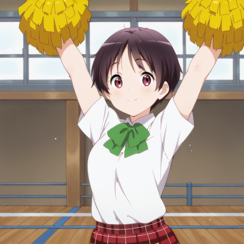 masterpiece, best quality, amazing quality,1girl, solo, love_chunibyo_other_delusions_kumin_tsuyuri, smile, short hair, arms  up, school uniform, skirt, cheerleader, pom pom (cheerleading), plaid, plaid skirt, red eyes, black hair, brown hair, school gym, looking at viewer,  <lora:Kumin_Tsuyuri:0.7>