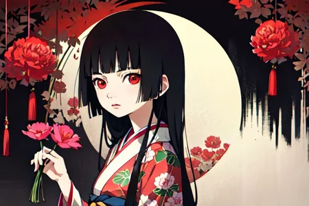 enma ai, hair down, hair black, bangs, eyes red, masterpiece, best quality, ultra-detailed, illustration, 1girl, solo, highres, photorealistic, ultra high res, (Original illustration composition), (fusion of limited color, Maximalism artstyle, kimono obi fashion, double exposure, background, illustration, Amazing, lily spider, night darkness, open one's mouth, flowers red, (polychromatic peony:1.15), Movie poster,