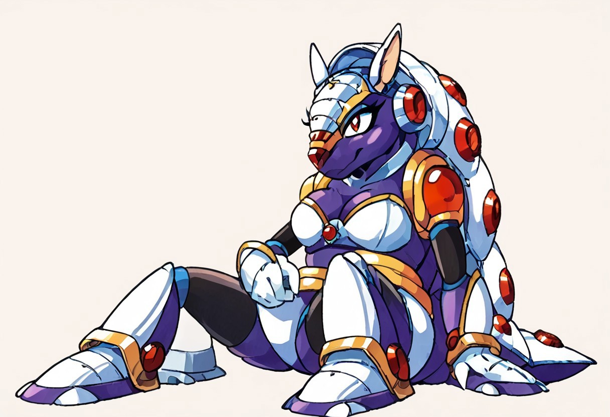 score_9, score_8_up, score_7_up, armored armadillo, mmx, purple + gold armor, armadillo, metallic, robot animal, shell, red nose, armadillo ears, genderswap, 1girl, female, solo, cute, breast, yistyle, watercolor, no blur, vector art