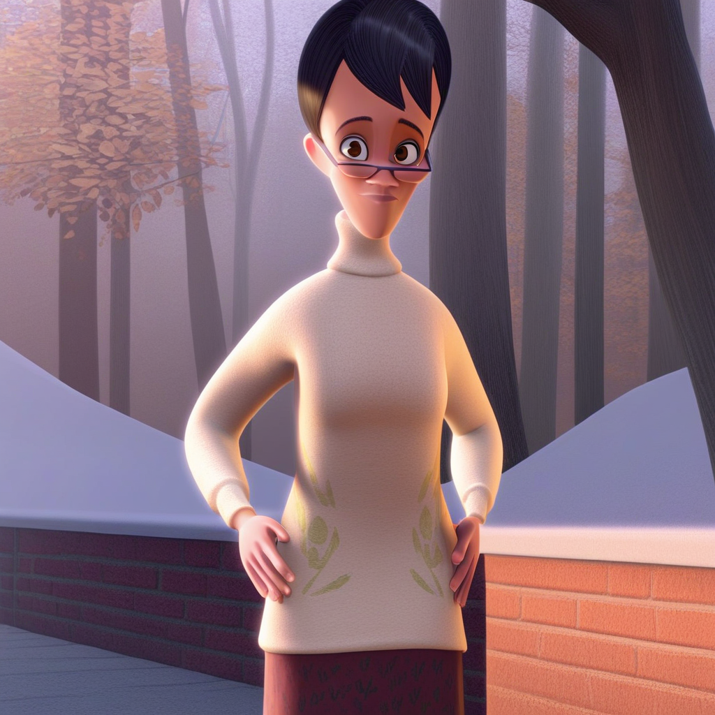 score_9, solo, mildred_mtr, black hair, short hair, brown eyes, glasses, sweater, long skirt, hands on hips, looking at viewer, tree, natural lighting