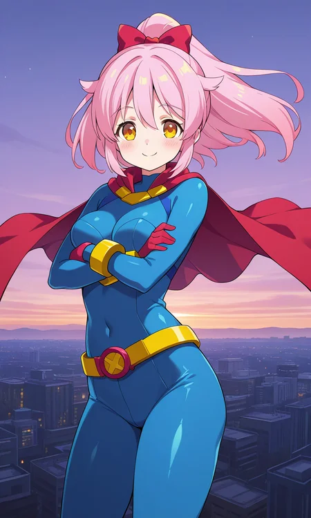 1girl, solo, mgyunishirakawa, pink hair, high ponytail, hair flaps, hair bow, yellow eyes, blue bodysuit, red cape, yellow belt, superhero costume, sky, cityscape, flying, crossed arms, smile, cowboy shot, looking at viewer,