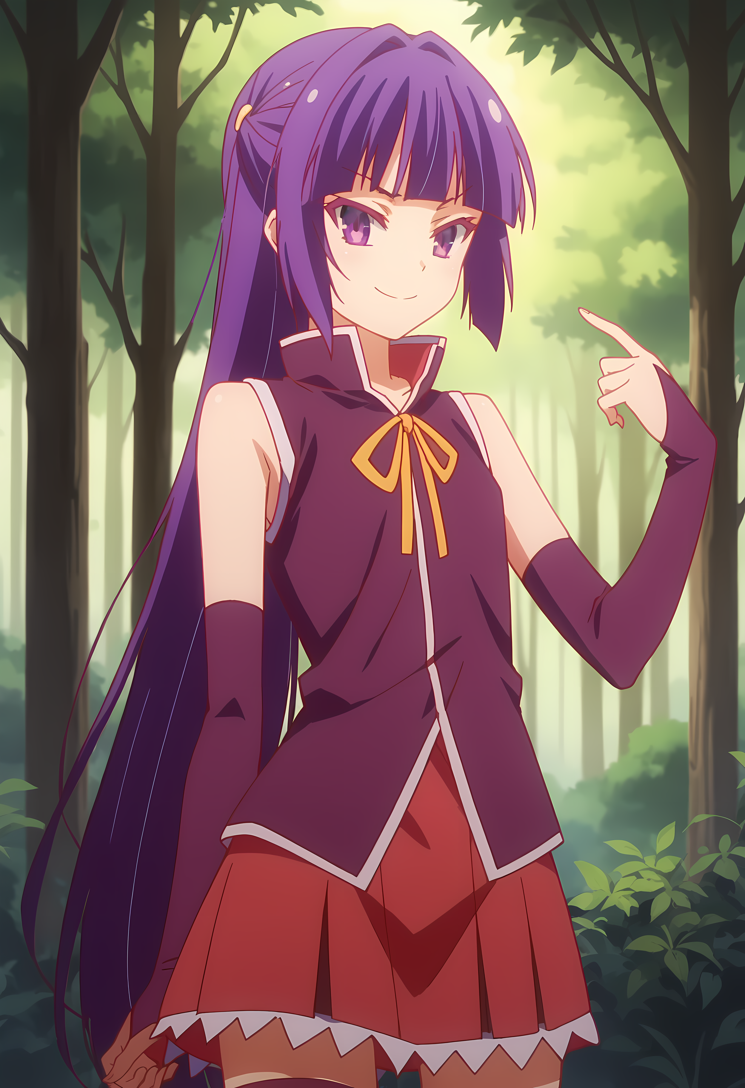 score_9, score_8_up, score_7_up, source_anime, 2d,
Chlammy Zell, 1girl, purple hair, long side strand, purple eyes, small breasts, purple shirt, purple gloves, yellow ribbon, black undershirt, red skirt, purple pantyhose,
anime coloring, anime screencap, detailed eyes, zPDXL, perfect faces, uncensored, rating_explicit,  <lora:chlammy_zell_1-000035:1>
portrait, forest, smile, hand up,